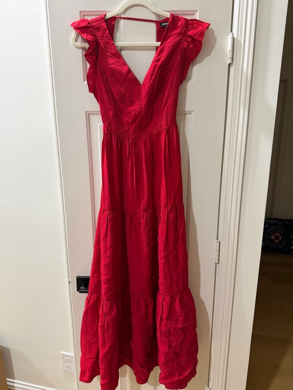 Express Red V-Neck Ruffle Sleeve Maxi Dress